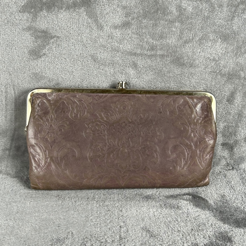 Hobo Lauren Double Frame Clutch Wallet Plum Purple Embossed Leather Kiss Lock
